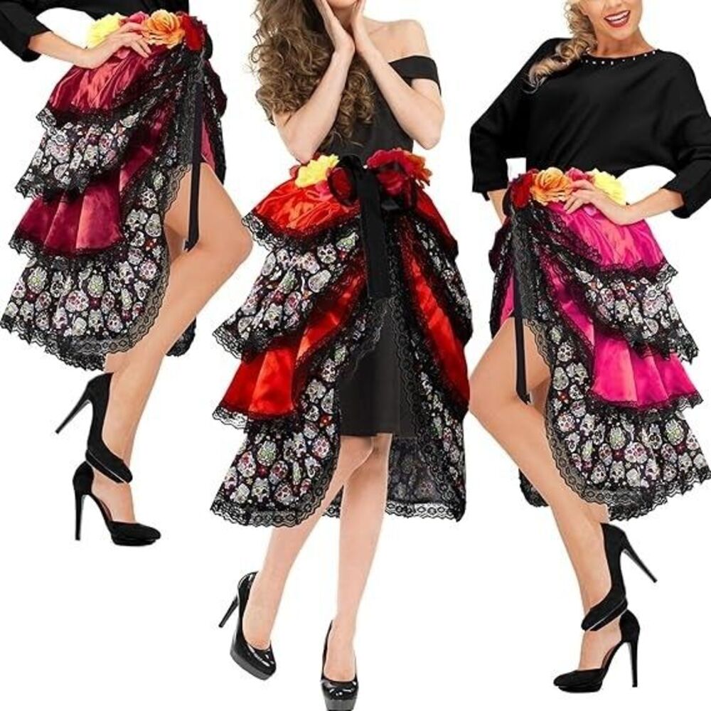 Pack of 3- Day of the Dead Tie-On Bustle Adult, Multicolor Skull Skirts - NEW